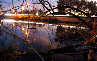 A pond reflecting passing traffic at night. 