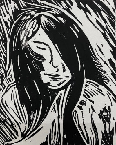 Linoleum block printing of a female subject. 