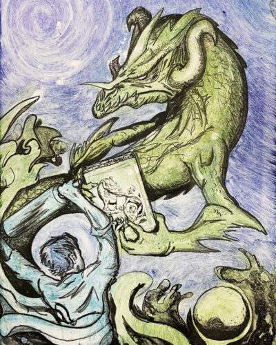 "Sometimes the dragon wins" stone lithography print about the journey into the litho learning experience. 