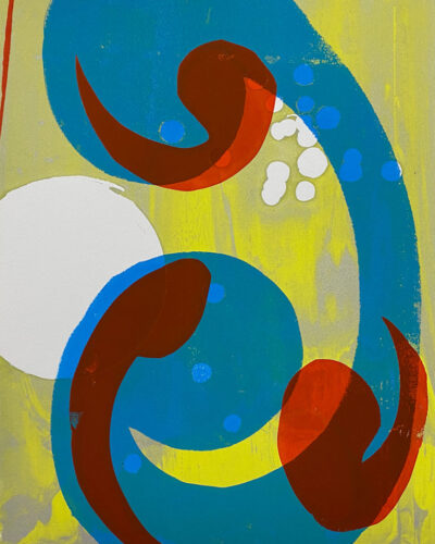 One of a series of abstract monotype screen printing utilizing movable masks. 