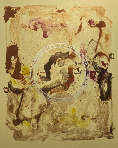 Stone lithography print experiment utilizing ink floating on water mixed with Qi Gong. A monotype shape was printed over the final piece. 